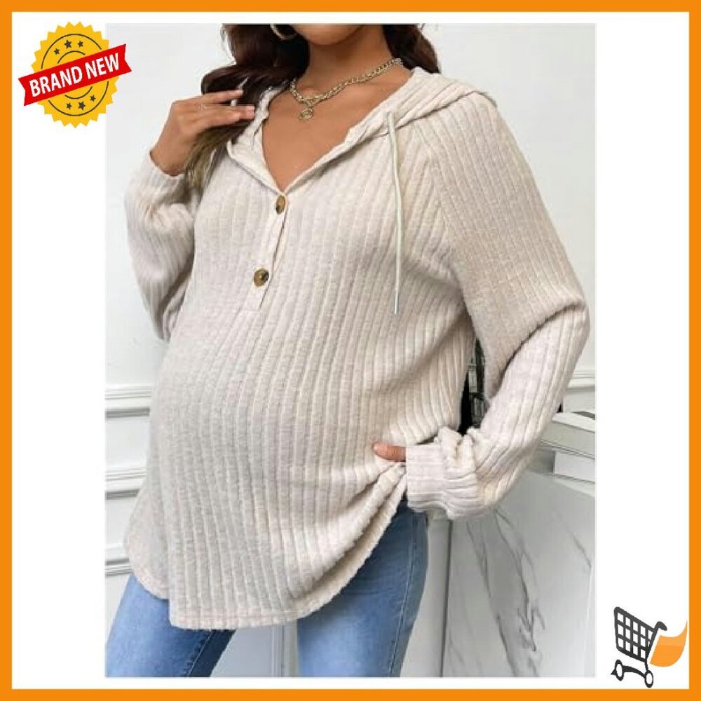 Maternity Half Button Hoodie Long Sleeve Ribbed Knit Sweatshirt Spring - Picture 4 of 7